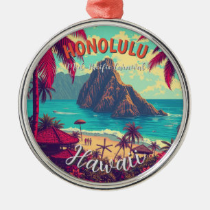Vintage Style Hawaiian Travel Honolulu Mid-Pacific Metal Ornament