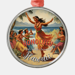 Vintage Style Hawaiian Travel Honolulu Mid-Pacific Metal Ornament
