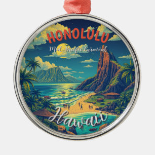 Vintage Style Hawaiian Travel Honolulu Mid-Pacific Metal Ornament