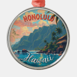 Vintage Style Hawaiian Travel Honolulu Mid-Pacific Metal Ornament