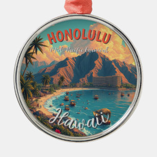 Vintage Style Hawaiian Travel Honolulu Mid-Pacific Metal Ornament