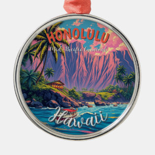 Vintage Style Hawaiian Travel Honolulu Mid-Pacific Metal Ornament
