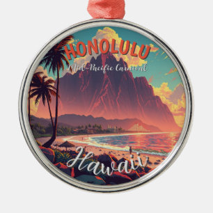 Vintage Style Hawaiian Travel Honolulu Mid-Pacific Metal Ornament