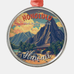 Vintage Style Hawaiian Travel Honolulu Mid-Pacific Metal Ornament