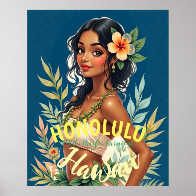 Vintage Style Hawaiian Travel Honolulu Mid-Pacific Poster (Front)