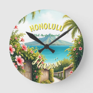 Vintage Style Hawaiian Travel Honolulu Mid-Pacific Round Clock