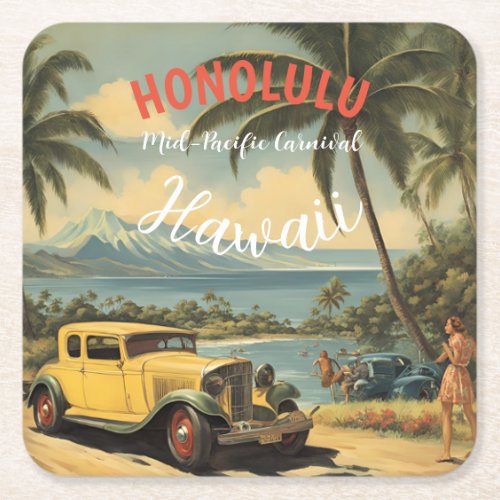 Vintage Style Hawaiian Travel Honolulu Mid_Pacific Square Paper Coaster