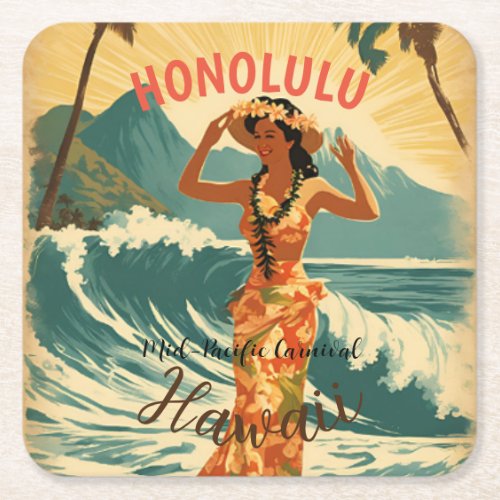 Vintage Style Hawaiian Travel Honolulu Mid_Pacific Square Paper Coaster