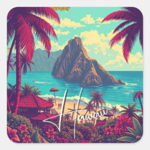 Vintage Style Hawaiian Travel Honolulu Mid-Pacific Square Sticker