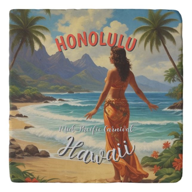 Vintage Style Hawaiian Travel Honolulu Mid-Pacific Trivet (Front)