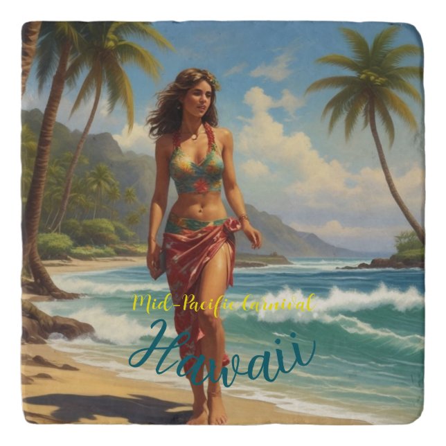 Vintage Style Hawaiian Travel Honolulu Mid-Pacific Trivet (Front)