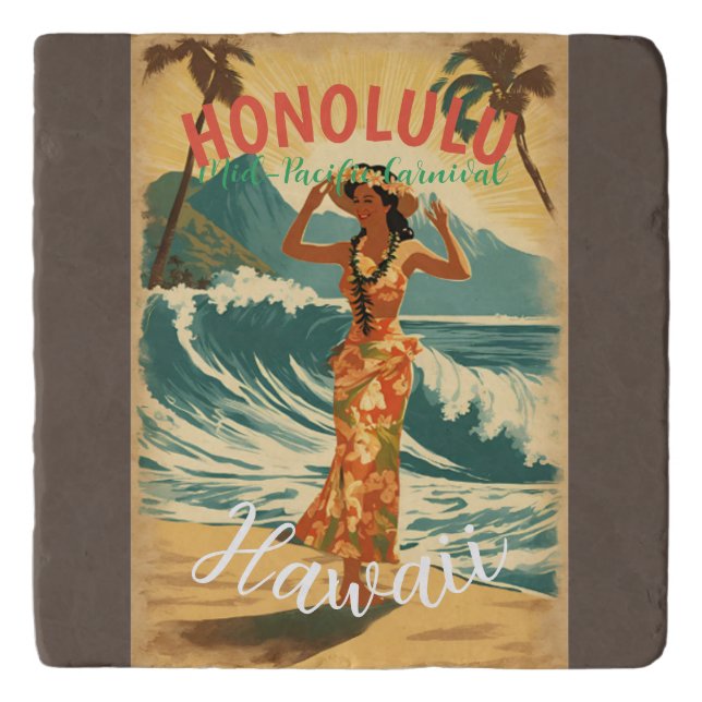 Vintage Style Hawaiian Travel Honolulu Mid-Pacific Trivet (Front)