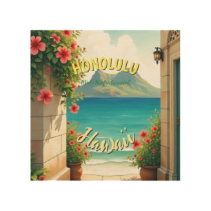 Vintage Style Hawaiian Travel Honolulu Mid-Pacific Wood Wall Art