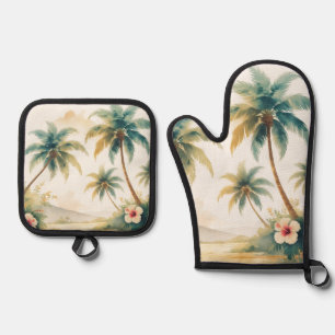 Vintage Style Hawaiian Travel Honolulu Oven Mitt & Pot Holder Set