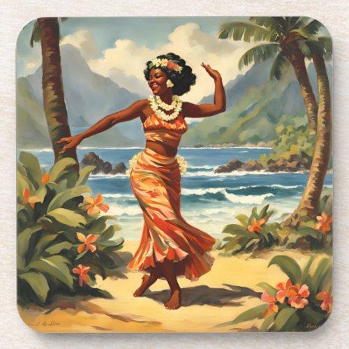 Vintage Style Hawaiian Travel Hula Girl Dancing Beverage Coaster