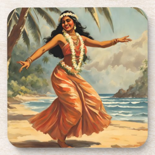 Vintage Style Hawaiian Travel Hula Girl Dancing Beverage Coaster