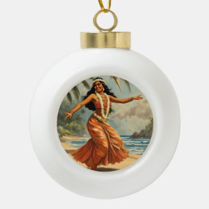 Vintage Style Hawaiian Travel Hula Girl Dancing Ceramic Ball Christmas Ornament