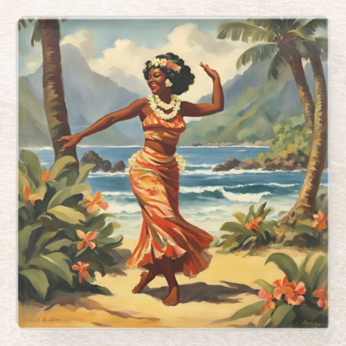 Vintage Style Hawaiian Travel Hula Girl Dancing Glass Coaster