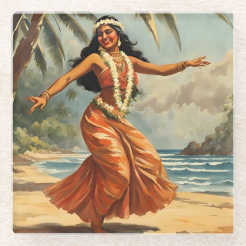 Vintage Style Hawaiian Travel Hula Girl Dancing Glass Coaster