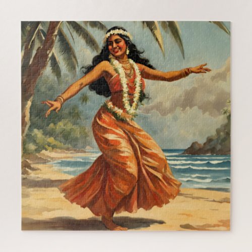 Vintage Style Hawaiian Travel Hula Girl Dancing Jigsaw Puzzle