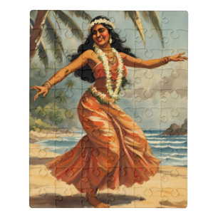 Vintage Style Hawaiian Travel Hula Girl Dancing Jigsaw Puzzle