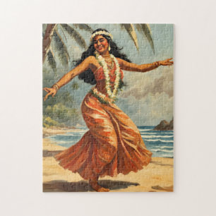 Vintage Style Hawaiian Travel Hula Girl Dancing Jigsaw Puzzle