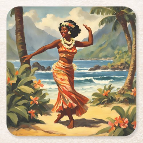 Vintage Style Hawaiian Travel Hula Girl Dancing Square Paper Coaster