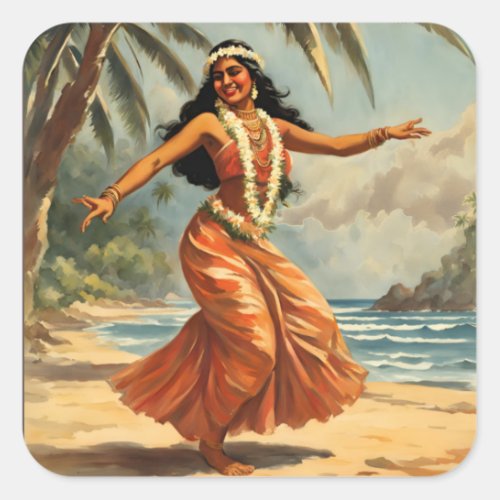 Vintage Style Hawaiian Travel Hula Girl Dancing Square Sticker