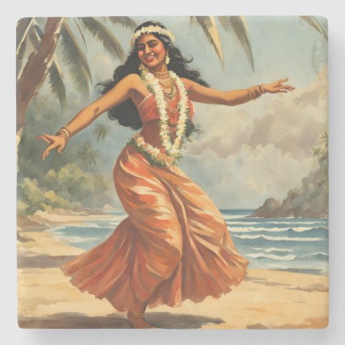 Vintage Style Hawaiian Travel Hula Girl Dancing Stone Coaster