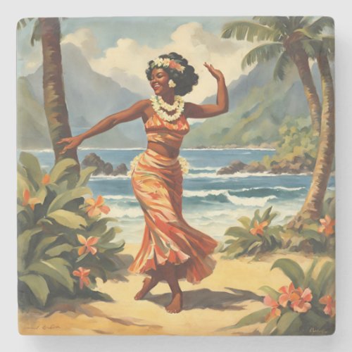 Vintage Style Hawaiian Travel Hula Girl Dancing Stone Coaster