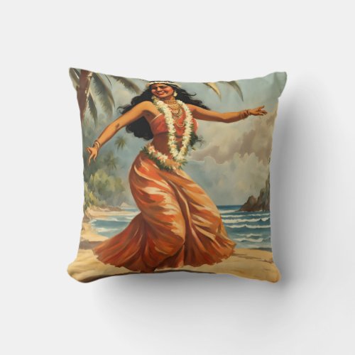 Vintage Style Hawaiian Travel Hula Girl Dancing Throw Pillow