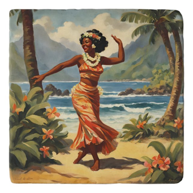 Vintage Style Hawaiian Travel Hula Girl Dancing Trivet (Front)