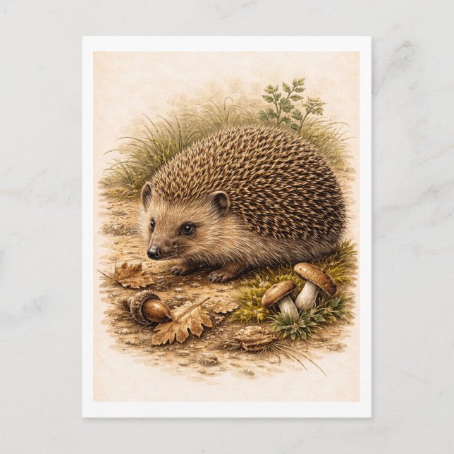 Vintage-Style Hedgehog Illustration Postcard (Front)