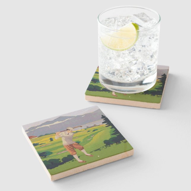 Vintage Style Highlands Golfing Scene Art Stone Coaster (Side)
