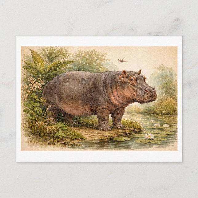 Vintage-Style Hippo Illustration Postcard (Front)