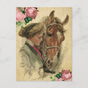 Vintage Style Horse and Roses French Carte Postale Postcard