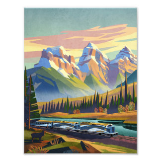 Vintage style image of train traveling in mountain photo print