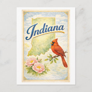 Vintage-Style Indiana with Cardinal and Peony Postcard