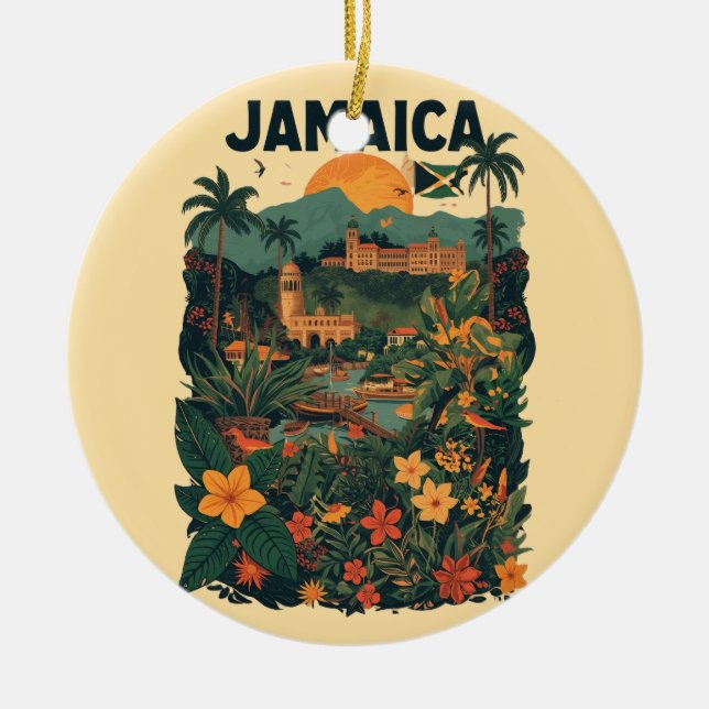 Vintage Style Jamaica Travel Illustration Ceramic Ornament (Front)