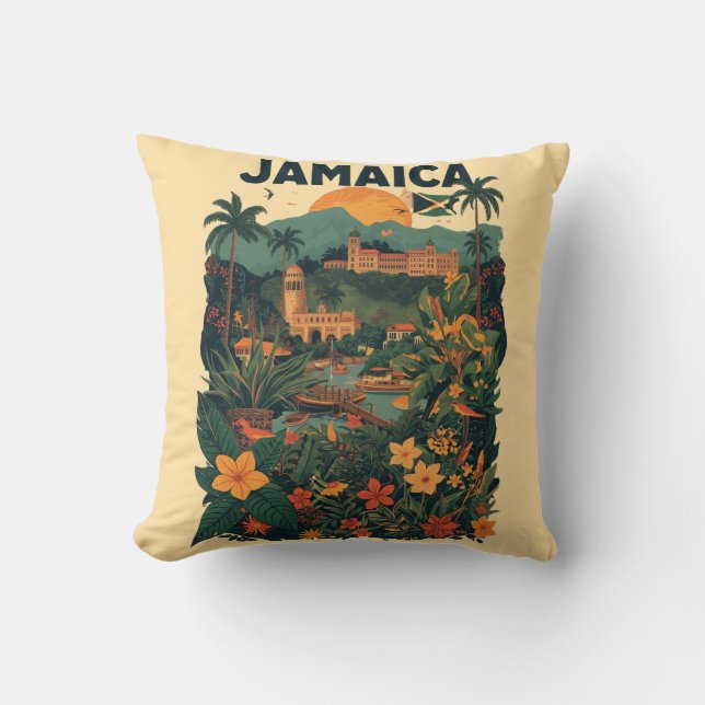 Vintage Style Jamaica Travel Illustration Throw Pillow (Front)