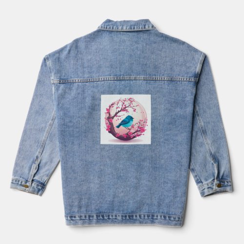 Vintage Style Japanese Blue Bird and Cherry Blosso Denim Jacket