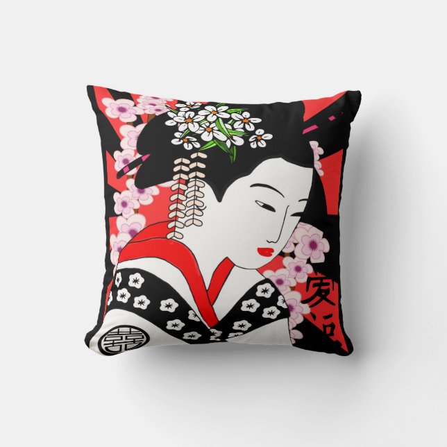 vintage style japanese geisha throw pillow (Front)