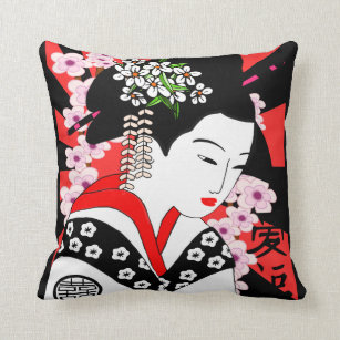 18x18 Multicolor Retro Geisha Pattern Japanese Aesthetic For Girls Cute Oriental Decor for Women Retro Japanese Geisha Pattern Throw Pillow 
