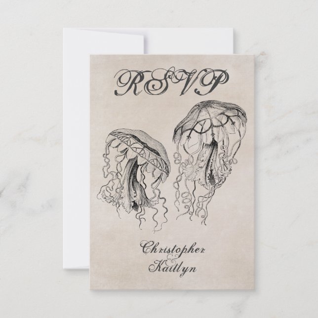 Vintage Style Jellyfish Beach Wedding RSVP Card (Front)