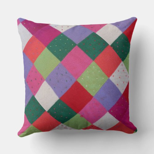 vintage style knitted patchwork squares colorful throw pillow