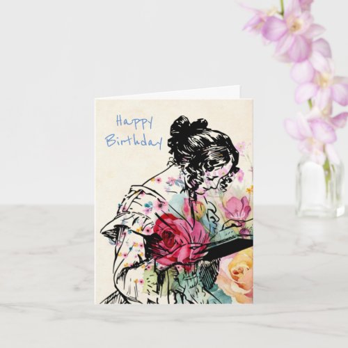 Vintage style Lady reading Book Birthday  Card