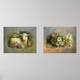 Vintage Style Lamp and Flower Basket Beautiful Wall Art Sets