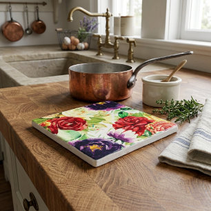 Vintage Style Large Watercolor Flowers Trivet