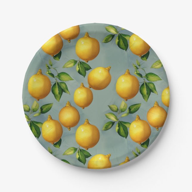 Vintage Style Lemons Pattern Wallpaper Art Paper Plates (Front)