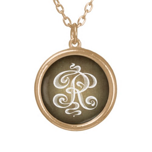 Vintage_Style Letter R Monogram Initial Charm Gold Plated Necklace